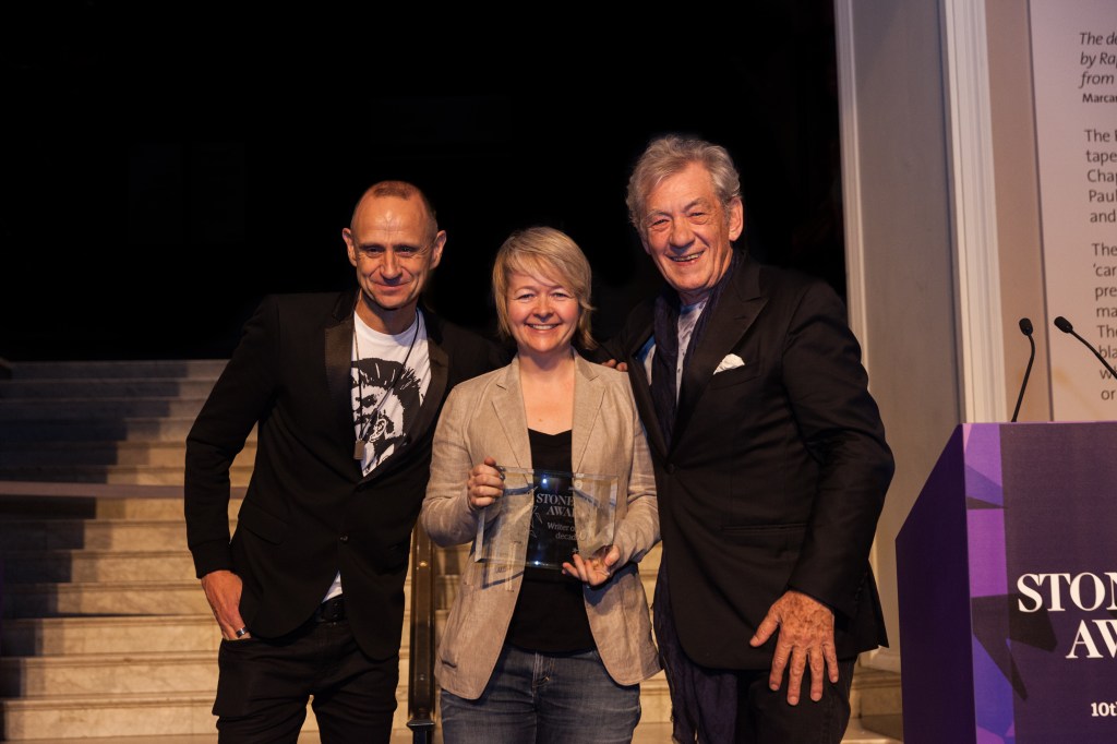 Evan Davies, Sarah Waters and Sir Ian McKellan at the 2015 Stonewall Awards.