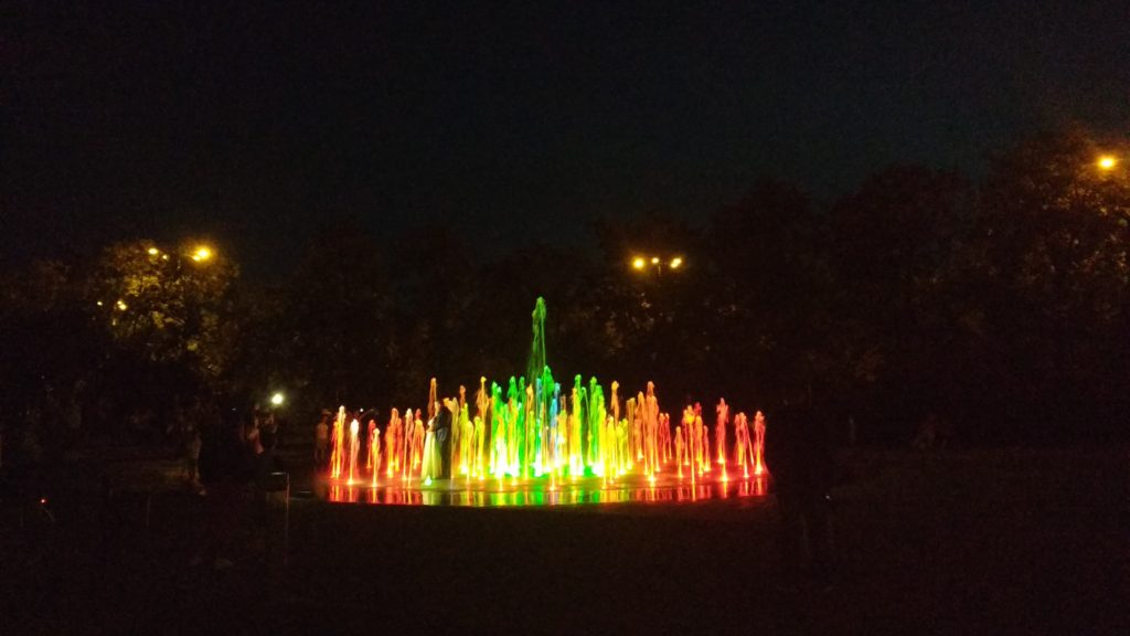 There was a singing fountain. A SINGING FOUNTAIN. A fountain where they played music... and the height and frequency of the water, and of the LED lights underneath, was pixel-mapped to match it!! I cannot express the joy in my lighting designer's soul satisfactorily.