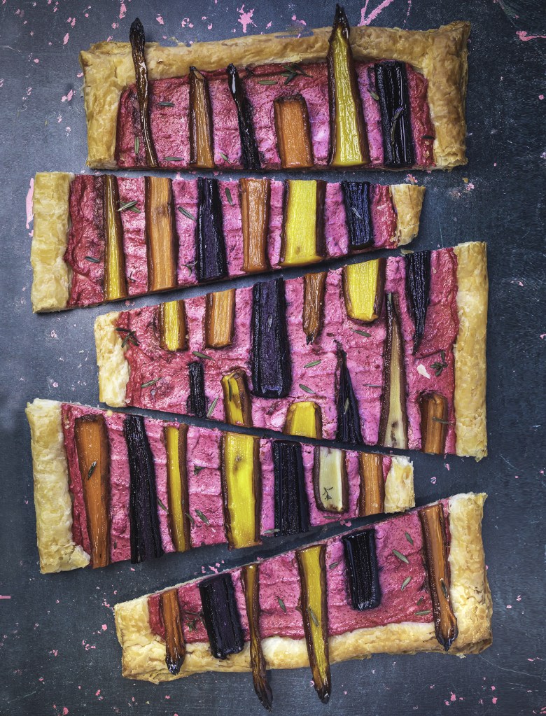 a rainbow carrot and beetroot tart