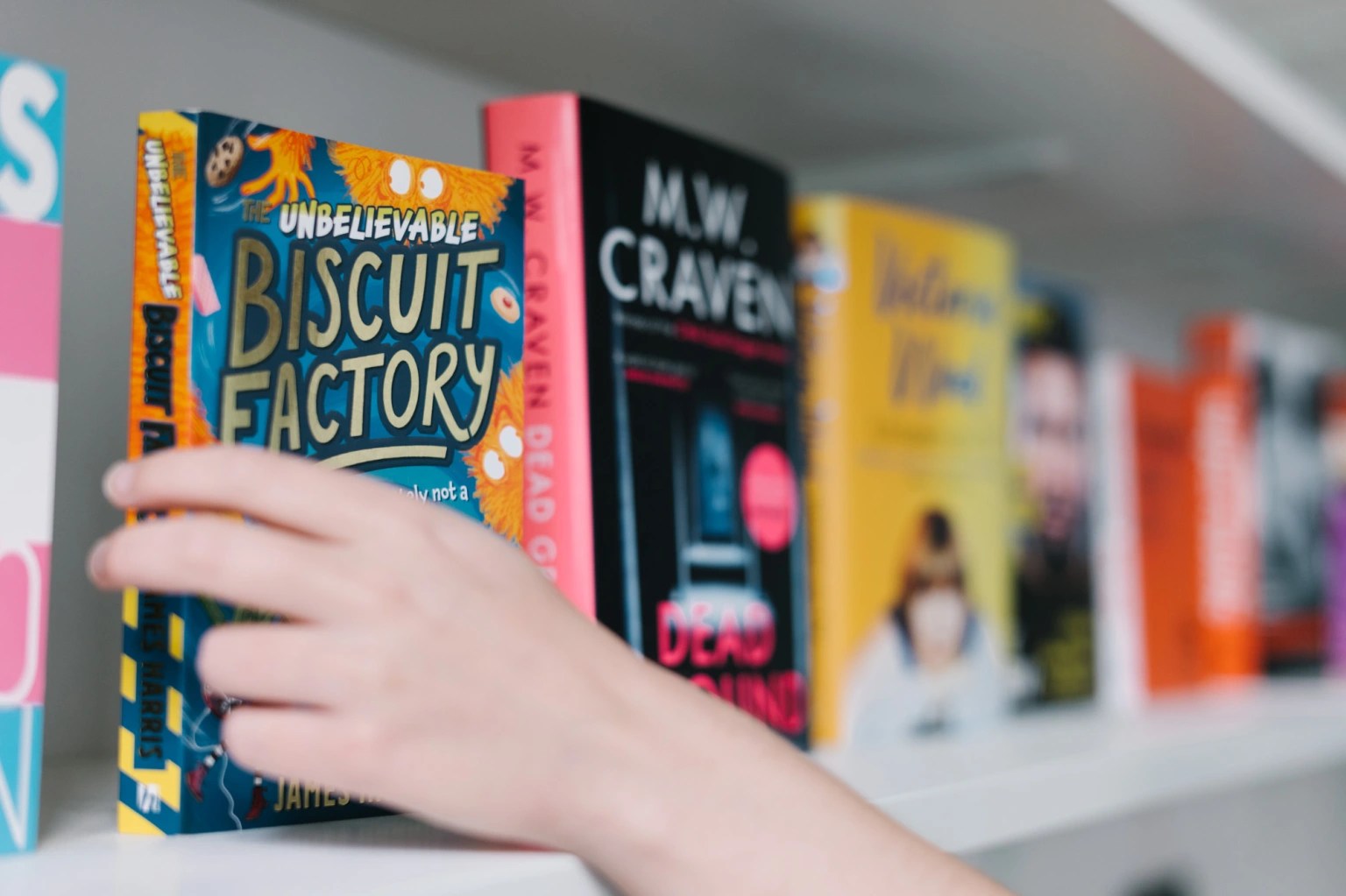 Biscuit Factory book being taken from a shelf.