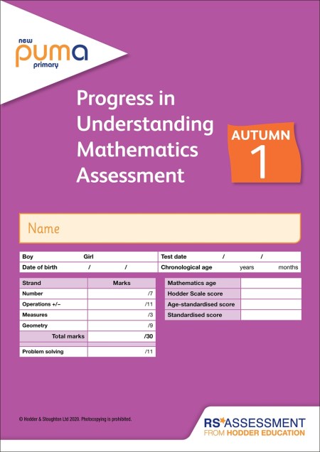 New PUMA Test 1, Autumn PK10 (Progress in Understanding Mathematics Assessment)